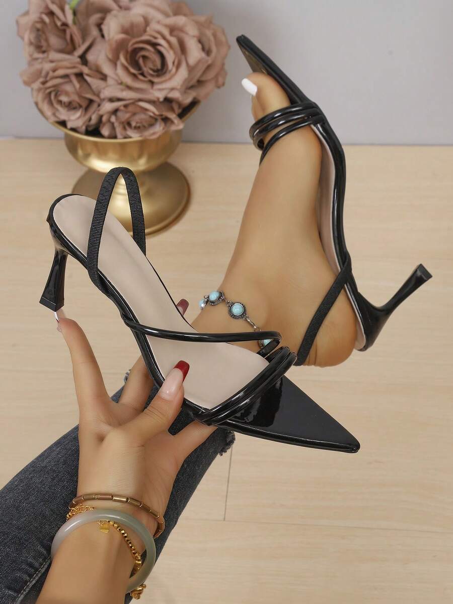 Pointed Toe High Heel Sandals With Elastic Ankle Strap, Solid Color Patent Leather One-Piece Slip-On, Commuting Business, Dating Wear, Spring/Summer - Diagonal Black - View 1