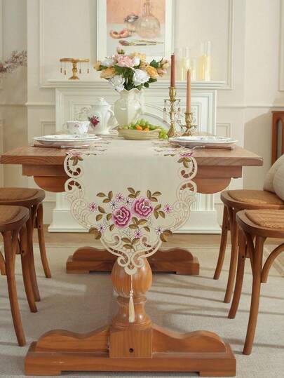 1 Peça Caminho de Mesa Decorativo Bordado Floral Oco, Estilo Vintage Fazenda, Bordado à Mão à Prova de Poeira, Adequado para Mesa de Jantar, Mesa de Centro, Armário de TV, Armário de Sapatos, Aparador, Decoração Doméstica Diária e Festa de Casamento