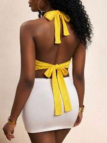 Áo hai dây màu vàng có họa tiết dành cho nữ, kiểu dáng hai mảnh, cổ chữ V sâu, khoét lưng, buộc dây, xếp ly, không tay, phong cách bohemian mùa hè, áo ngắn rộng rãi, chất liệu vải có họa tiết. - Màu vàng - Xem 4