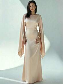 Elegantes lässig Damen Kleid, aus glatter Strickware gefertigt, mit Bootsausschnitt, extra langen Ärmeln, Rückenbindung, A-Linie Saum, geeignet für den täglichen Frühlingstragekomfort - Champagnerfarben - Übersicht 8