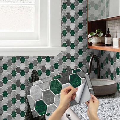 可剥离粘贴的六边形防溅瓷砖，自粘大理石纹墙贴，可移除防水绿灰色墙贴，适用于厨房、浴室、家居装饰