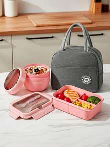 5 pièces Ensemble de boîte à lunch avec cuillère, boîte hermétique rotative anti-fuite, tasse à avoine portable, boîte à lunch ronde, bol à salade de fruits, boîte à bento pour micro-ondes, convient aux étudiants et aux travailleurs de bureau - Rose bonbon - Voir 4