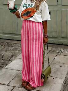 Women's Blue & White Striped Woven Wide Leg Casual Beach Pants, Spring/Summer - Pink - View 1
