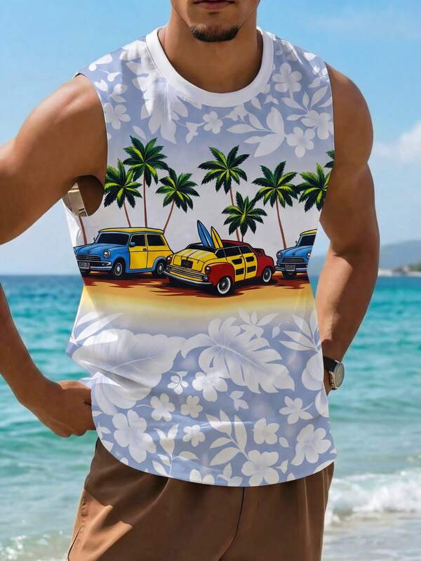 Men's Summer Coconut Tree Pattern Sleeveless Tank Top, Versatile Daily Wear