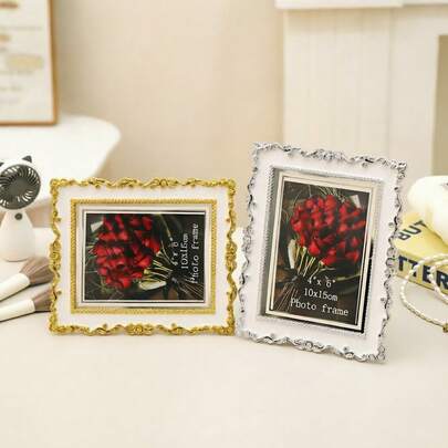 1pc European Retro Carved Picture Frame Drip Glue Picture Frame, Light Luxury Gold And Silver Desktop Display Table 6-Inch Desktop Photo Display Rack Home Decoration, Can Also Be Given As Birthday Gifts, Holiday Gifts To Friends And Family (Inner Lining Paper Is Randomly Shipped)