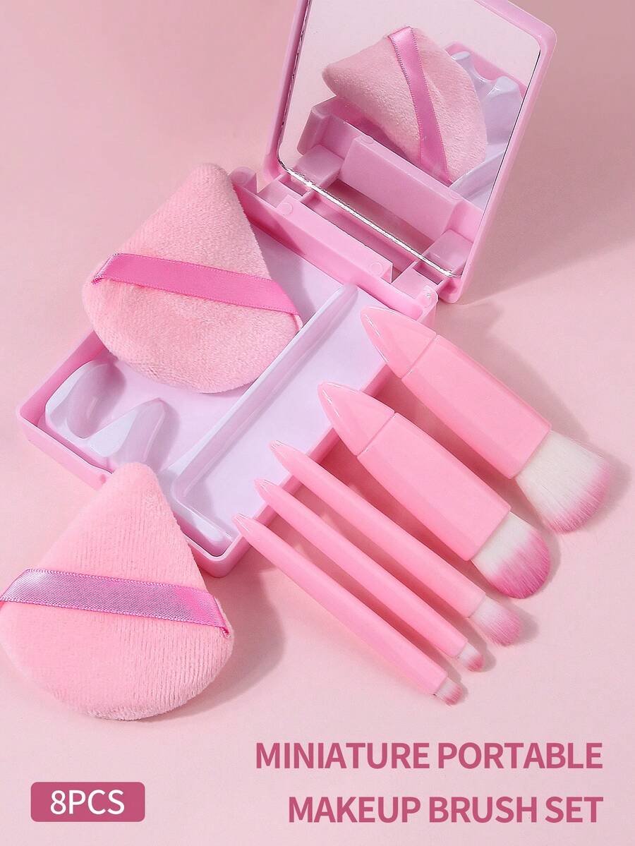8件套粉色迷你化妆刷套装，带收纳盒，方便旅行携带的塑料手柄化妆刷套装，包括腮红刷和眼影刷