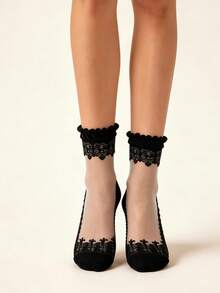 1 đôi tất nữ màu trắng mỏng nhẹ bằng lụa thủy tinh, viền ren đen, siêu mỏng, thoáng khí, phong cách tối giản Nhật Bản, món đồ thiết yếu hàng ngày cho trang phục thường ngày. - Nhiều màu - Xem 5