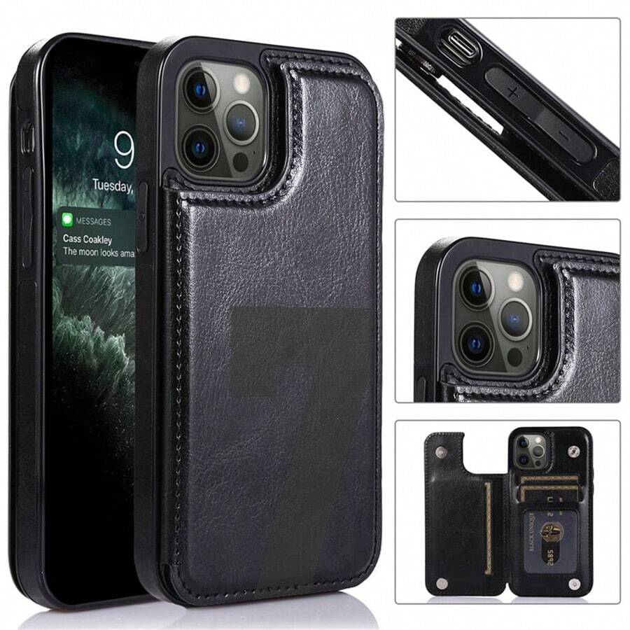 Una funda para iPhone 12 con estampado Número siete gráfico negro blanco, con diseño de múltiples ranuras y función de cartera, y cierre magnético de gran potencia | Acabado artesanal con textura de cuero, diseño unisex, ideal para el uso diario y como regalo - Negro - Ver 1