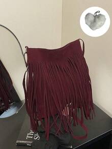 This Retro Bohemian-Style Square Bag Features A Unique And Fashionable Design With Tassel Embellishments, Making It An Ideal Choice For Autumn And Winter. Casual And Simple, It Can Be Worn Over The Shoulder Or Crossbody, Making It Versatile And Practical For Various Occasions Such As Outings, Travel, And Parties. (Includes A Heart-Shaped Charm) - Tassel Messenger Bag + Pendant - View 4
