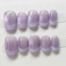 Elegant Nude Ballet Press On Nails - Short Length, French Manicure Style With Silver Stripe And Shimmer, Handmade Cat Eye Design, 10pcs Glossy Fake Nails Set With Detachable Adhesive - Mauve Purple - View 9