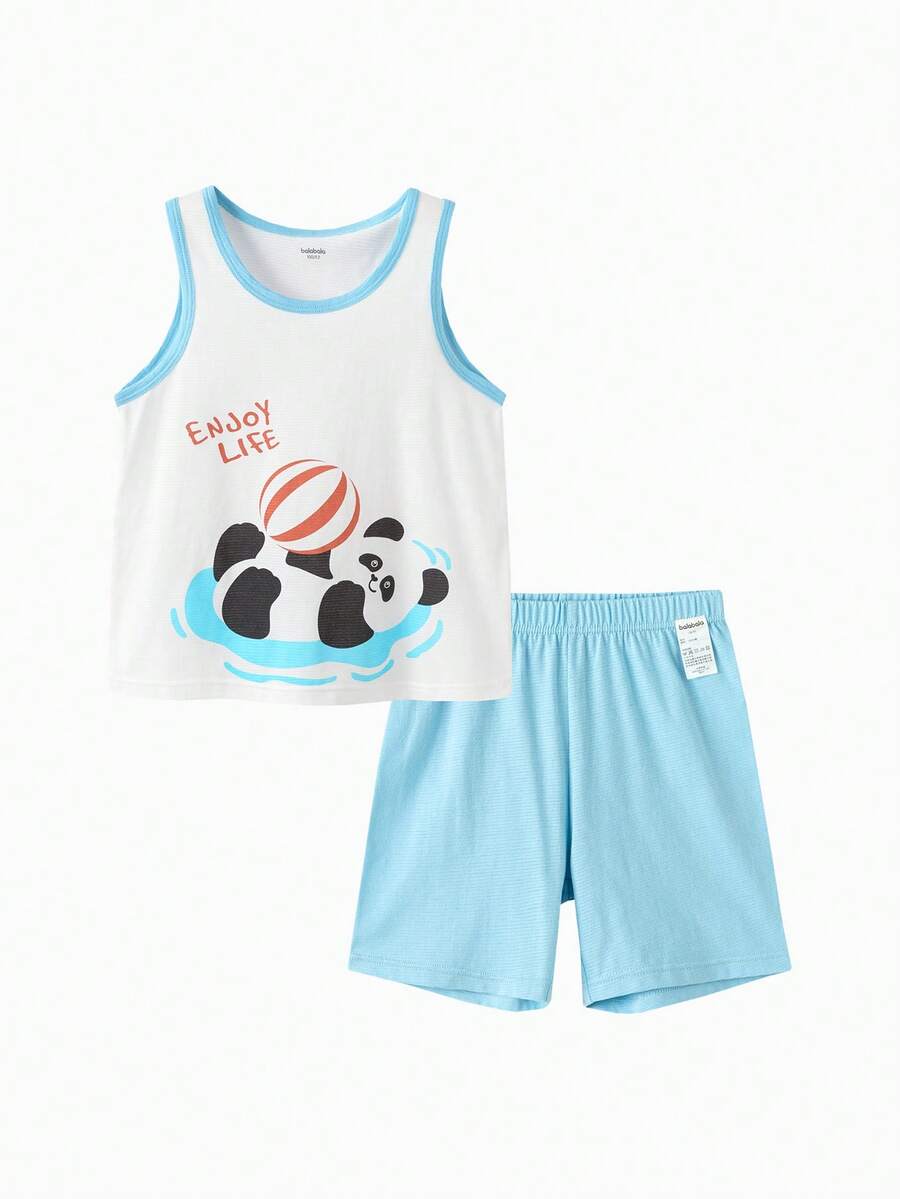 2026款男婴夏季背心睡衣套装，轻盈透气棉质面料，柔软透气吊带背心，舒适家居服 - 白藍色調 - 查看 1