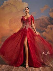 Đầm dạ hội dài VIPGIRL đính sequin, chất liệu lưới, màu đỏ xẻ cao, thích hợp cho nữ. - Đỏ - Xem 8