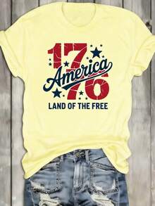 1 Piece Of 1776 American Freedom T-Shirt, Round Neck White Shirt, Women's "America 1776" T-Shirt – Vintage Distressed 1776 & Star Graphic Crew Neck Te - 黃色 - 查看 1