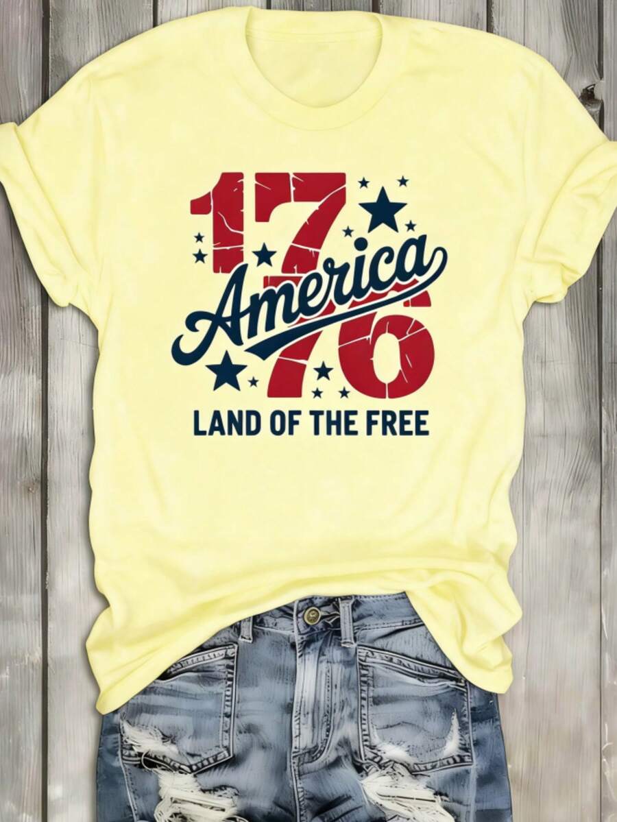 1 Piece Of 1776 American Freedom T-Shirt, Round Neck White Shirt, Women's "America 1776" T-Shirt – Vintage Distressed 1776 & Star Graphic Crew Neck Te - 黃色 - 查看 1