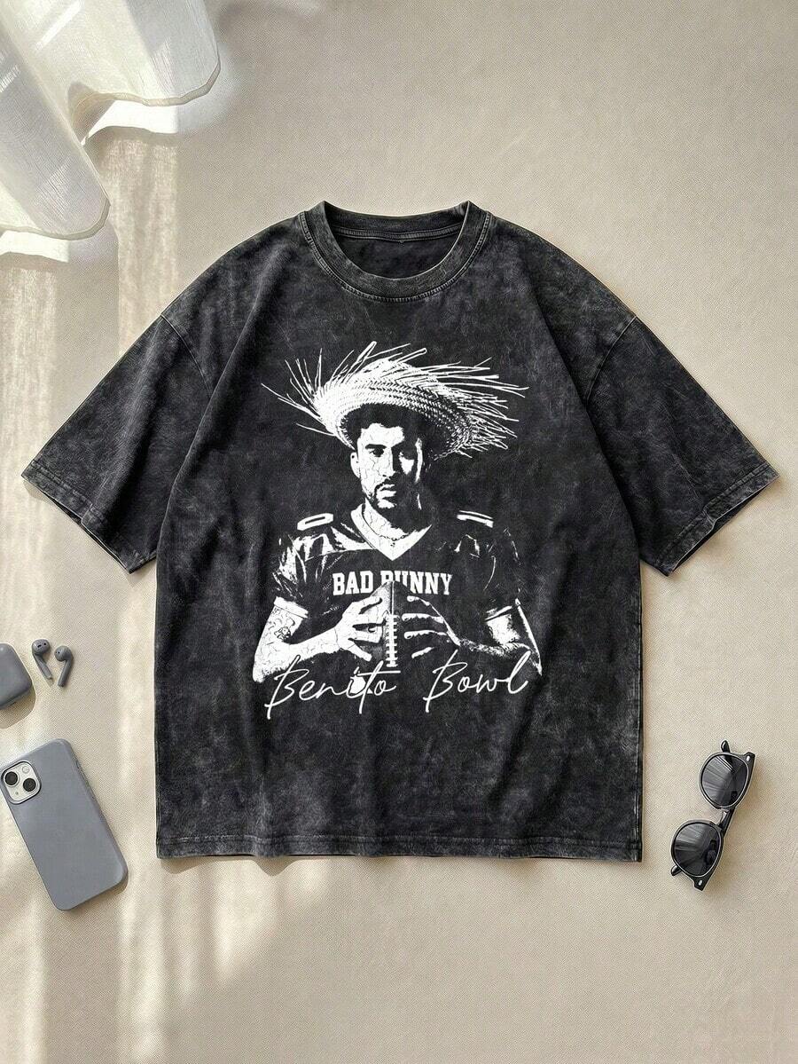 Bad Acid Bunny Benito Bowl Graphic Tee Acid Washed Shirt Unisex Couple Matching Boyfriend Style Football Jersey Portrait Straw Hat Print Reggaeton Music Merch Distressed Cotton Summer Outfits Graphic Tees Men Oversized T Shirt Camisetas Para Hombre - 黑色 - 查看 1
