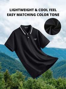 CAMEL CROWN Camisa polo de rayas para hombre, camiseta de manga corta para hombre, parte superior de seda transpirable - Fantasma negro - Ver 4