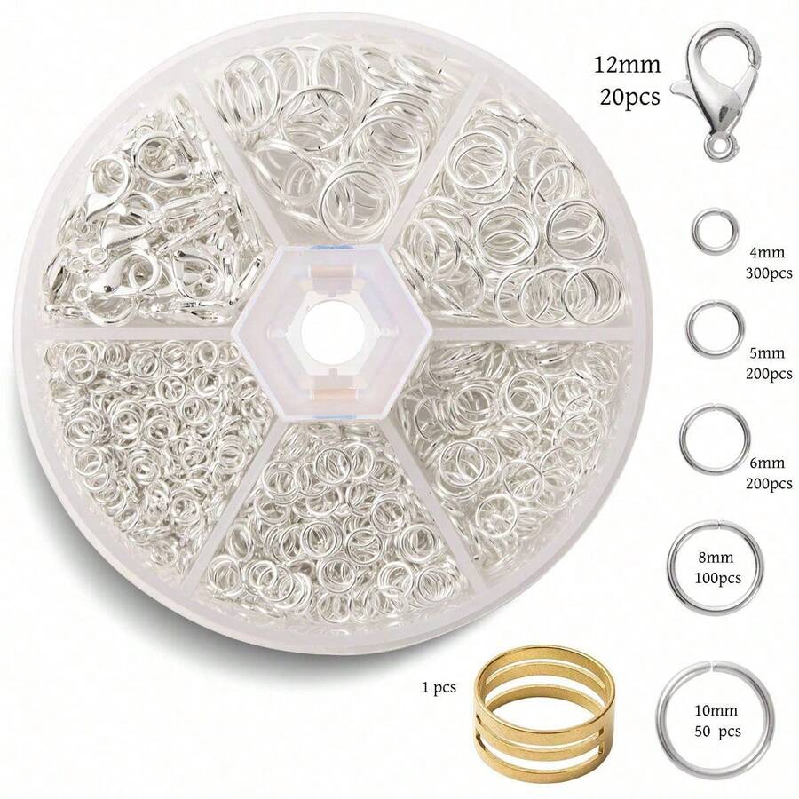 Bộ móc đơn và vòng vàng/bạc 4/5/6/8/10mm, dùng để tự làm trang sức, sửa chữa móc khóa và dây chuyền, nối các chuỗi nhỏ và bông tai, làm vòng tay, dây chuyền và các dự án trang sức khác. - Vòng đơn 6 ô - Xem 1