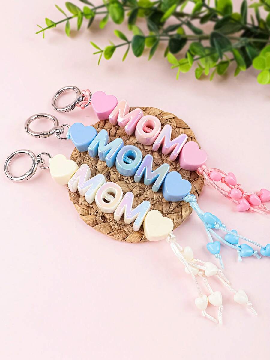1pc Macaron Color MOM Letter Keychain, Cute Heart Tassel Pendant, Bag Charm, Car Key Chain, Mother's Day Gift, Sweet Keyring Gifts For Mother, Father, Graduation, And Teacher
