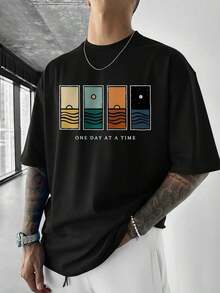 100% Cotton. Minimalist. 1 Piece. Men's Short-Sleeved T-Shirt With Minimalist Print, Comfortable And Breathable, Suitable For Summer, Fashionable. Vintage Summer T-Shirt. - Black - View 2
