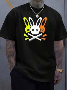 Camiseta Casual de Cuello Redondo para Hombre con Diseño Único de Calavera de Conejo - Poliéster Suave, Lavable a Máquina - Perfecta para el Verano - Negro - Ver 6