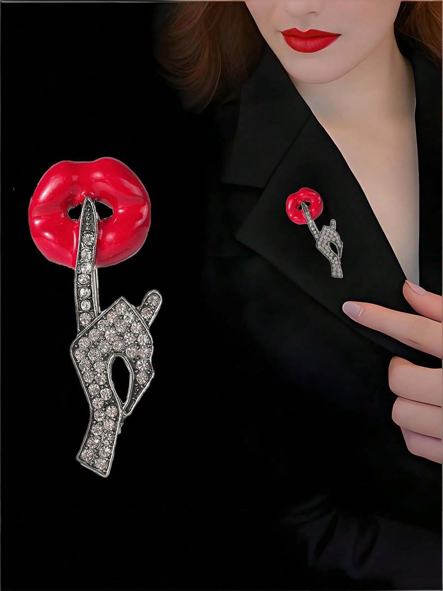 Broche à lèvres sexy pour femmes, broche à lèvres rouges avec geste de la main en strass, accessoire minimaliste polyvalent pour femmes - Rouge - Voir 1