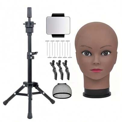 Mẫu đầu trọc nữ màu nâu, chuyên nghiệp, dùng trong đào tạo làm đẹp - Mẫu đầu trọc được sử dụng để làm tóc giả và trưng bày mũ, kính, kèm theo các phụ kiện như khung đỡ đầu bên trong, kim định vị, lưới tóc, v.v.