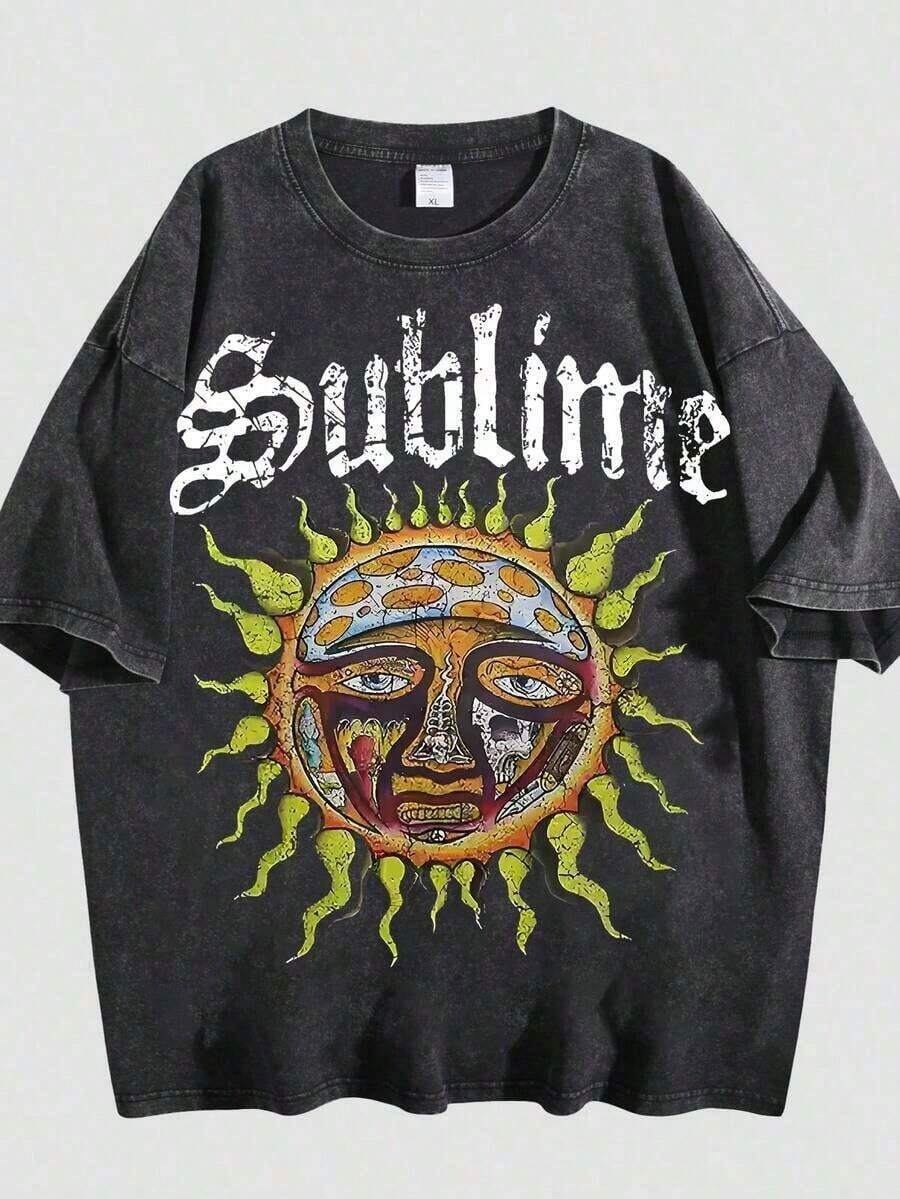 Unisex Sublime Band Sun Face Skull Print Graphic T-Shirt, Vintage Washed 100% Cotton Oversized Crew Neck Short Sleeve Tee, Retro 90s Rock Band Loo - 黑色 01 - 查看 1