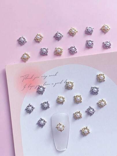 30pcs Baroque Style, Small-Sized Alloy Faux Pearl Pile Diamond Flower Shaped Hollow Square Design Nail Art Decoration, DIY, Nail Accessories For Women, Nail Salons, Nails Products, Nail Charm