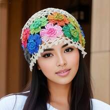 Vibrant Bohemian Crochet Womens Beanie| Lightweight Artistic Floral Cap With Unique Hollow-Out Design - Adjustable Vintage Style For Spring/Summer - Random Flower Colors - Breathable, Stretch, Pull-On Closure - Khaki 1 - View 2