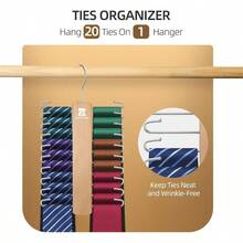 Wooden Tie Rack, Tie Hanger Men Closet, 20 Storage Capacity, Non - Slip Rotatable Tie Organizer, Hanging Space Saving Holder, Natural - Natural + 1 Pack - View 3