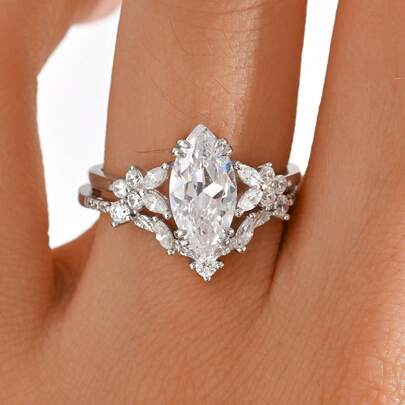 两件套镀金铜马蹄形锆石戒指，经典欧美时尚订婚戒指，适合婚礼、周年纪念、婚季礼物