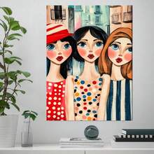 Arte de Pared Grande 2D Plano, 1 Pieza Enmarcado a Mano en Madera de Pino - Elegante Óleo de Tres Mujeres en la Calle, Póster en Lienzo Envoltorio para Interiores, Instalación con Gancho, para Hogar, Oficina, Sala de Estar - Obra de Arte de Figura Femenina, 2D Plano - Enmarcado - Ver 2