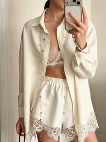 Damen Lässig Spitze Patchwork Hemd Set, geeignet für Urlaub und tägliches Tragen, Sommer Weiß Elegant - Weiss - Übersicht 1