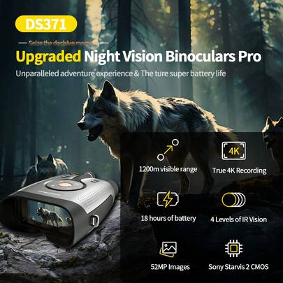Suier 4K 5200万像素全彩夜视设备，具备8倍数码变焦和4种视觉模式，内置5100mAh可充电电池，夜视距离达1200米，并附赠64GB存储卡。