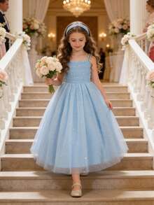 Đầm sinh nhật cho bé gái tuổi teen, đầm dự tiệc cưới cho bé gái, đầm đính sequin cho buổi biểu diễn piano, đầm công chúa hai dây cho bé gái, đầm dạ hội. - Màu xanh nhạt - Xem 2