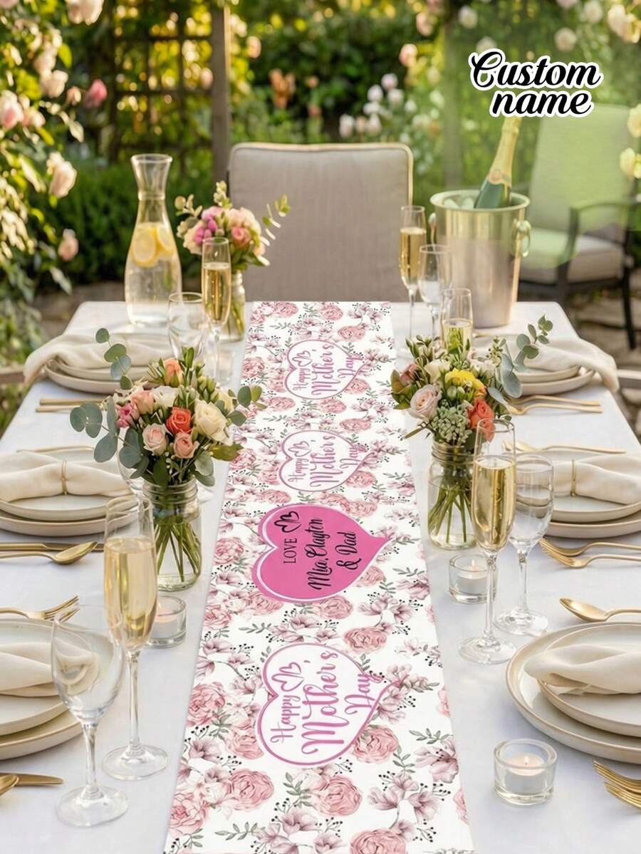 Một tấm khăn trải bàn Ngày của Mẹ có thể tùy chỉnh với tên của bạn, lãng mạn và đơn giản, tượng trưng cho ánh sáng rạng rỡ của tình mẫu tử. Hoàn hảo cho trang trí bữa sáng muộn Ngày của Mẹ, khăn trải bàn trà chiều, trang trí tiệc tùng và trang trí nhà bếp và nhà cửa mùa xuân. Tùy chỉnh tên của bạn cho một lễ kỷ niệm Ngày của Mẹ thật đặc biệt.