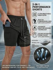 2pcs Men's 2-In-1 Performance Shorts - Quick-Dry Breathable Mesh Training Shorts With Built-In Compression Liner & Secure Phone Pocket - Black - View 5