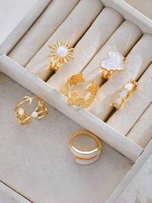 极简主义欧美风格不规则戒指套装，花朵、心形、太阳形开口戒指 - 彩色 - 查看 3