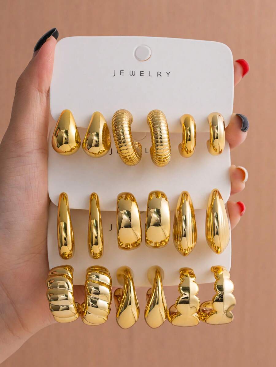 3/9 Pairs CCB Gold-Plated Earring Set, European And American INS Style Exaggerated Personalized Earrings Including Teardrop Smooth, Spiral, Arc Smooth, Rectangular Hammered, Bamboo Joint Textures, Luxurious Elegant, Suitable For Daily, Commute, Party, Cross-Border Popular Fashion Accessory, Non-Fading, High Cost-Effective - Gold - View 1