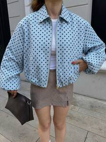 Chaqueta de mujer de lunares azul claro con bolsillo con cremallera - Casual, holgada, cuello alto, ropa de exterior para primavera/otoño - Celeste - Ver 10