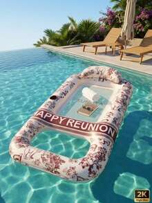 Aufblasbare Pool-Liege mit Toile-de-Jouy-Muster, Mesh-Wasserhängekorb-Schwimmhilfe mit Kopfstütze & Getränkehalter, luxuriöse Pool-Schwimmhilfe für Erwachsene, Sommer, Strandparty - Mehrfarbig - Übersicht 2