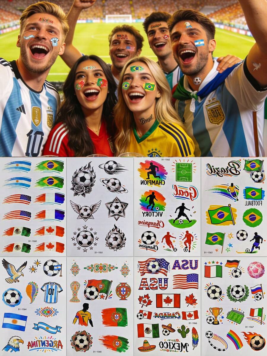 8Pcs Temporary Tattoos Cartoon Football Soccer Fans Celebrate Face Arm Makeup Fake Tattoo Stickers Waterproof And Sweatproof Temporary Tattoo Sticker