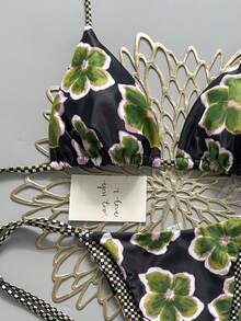 2pcs Retro Floral Colorblock Plaid Print Bikini Swimwear, Suitable For Beach, Pool, Cruise, Party In Spring And Summer Vacation - Black Background With Green Flowers - View 4