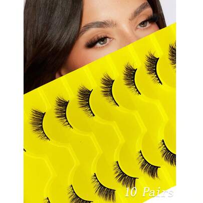 10对半截假睫毛 - 9毫米纤细猫眼假睫毛，黑色细梗，柔软3D浓密C型卷翘，打造自然妆效，佩戴舒适