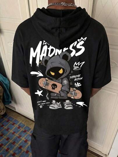 Summer Street Style MADNESS Graffiti Letter Print Short Sleeve Hooded T-Shirt, Lightweight Loose Fit Short Sleeve Top T-Shirt