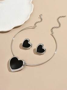 3pcs Exaggerated Geometric Heart Earrings & Necklace Set For Women - Love Set - View 8