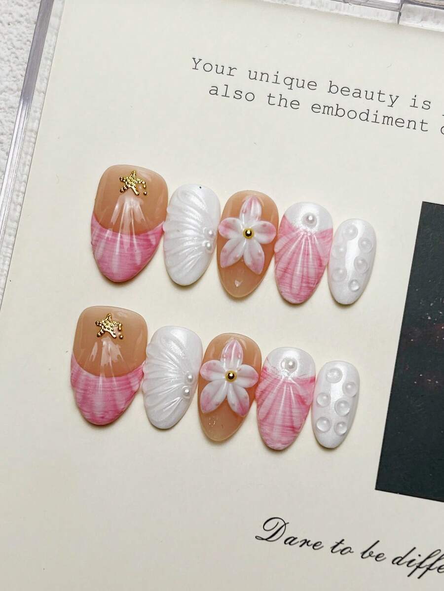 10片手工杏仁形短指甲贴纸,法式美甲风格粉白指甲贴,3D立体雕刻花卉浮雕指甲贴纸,饰有迷你仿珍珠,优雅奢华的欧美风格,适合春季,Y2K哥特风,可重复使用,适合海滩、日常、约会,是送给女性和女孩的礼物。 - 彩色 - 查看 1