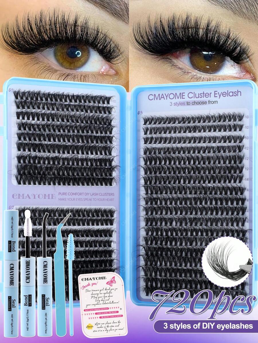 720片单根假睫毛套装，高容量，30D/40D/50D，D型卷翘，长度10-18毫米。DIY簇状假睫毛，打造自然妆效，令睫毛浓密纤长。超柔软、轻盈、可重复使用。单根分段式假睫毛。这款假睫毛套装可打造漫画风格睫毛。