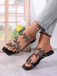 Women's Flat Sandals With Leaf-Shaped Rhinestone Strap Decor, Square Toe Slip-On Design, Suitable For Outdoor, Vacation And Casual Occasions - Black - View 3