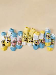 SpongeBob SquarePants 1/5 Đôi tất lưới nhẹ, họa tiết hoạt hình dễ thương hình quần vuông, thích hợp mang hàng ngày vào mùa xuân và mùa hè, đa năng và thoải mái. - Nhiều màu - Xem 2